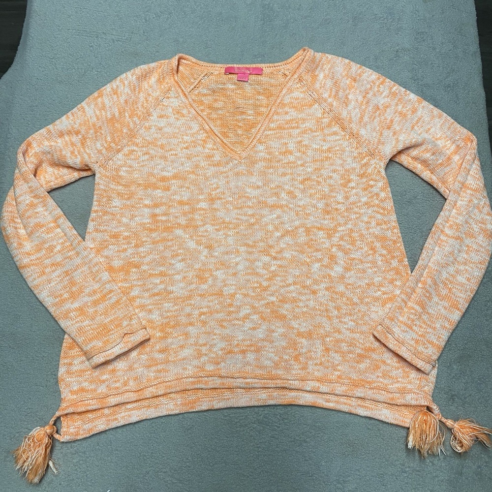 Lilly Pulitzer Jody Sweater Medium Orange White V Neck Cotton Blend Tassel Beach